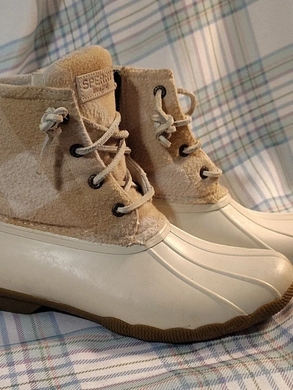 Sperry STS88318 Plaid Wool Blend Ankle Duck Boots Beige White Lace Rubber Sole